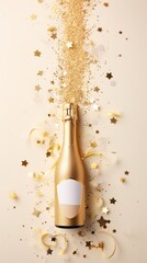 Champagne bottle and golden confetti on beige background, top view.