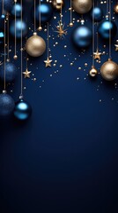 Blue Christmas background with baubles and stars.