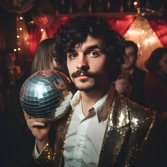Party outfit, young man in elegant glitter silver suit in nightclub. Disco styling with a disco ball. Vintage, retro look, young people having fun the old fashioned way.