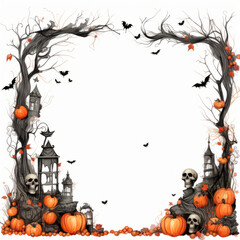 Halloween themed frame border with bat, skulls, pumpkins, and lanterns. 