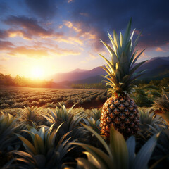 Contemplação da magnífica paisagem de uma plantação de abacaxi em uma fazenda ao nascer do sol. - obrazy, fototapety, plakaty
