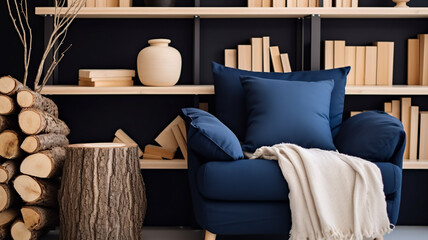 Obraz na płótnie Canvas Close up of navy blue snuggle chair near wood stump logs against shelving unit. Scandinavian home interior design of modern living room, Generative AI