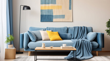 Blue sofa with yellow pillows and blanket against beige wall with frame poster. Scandinavian home interior design of modern living room, Generative AI