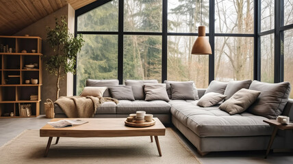 Grey corner sofa against panoramic window with forest view. Scandinavian home interior design of modern living room, Generative AI