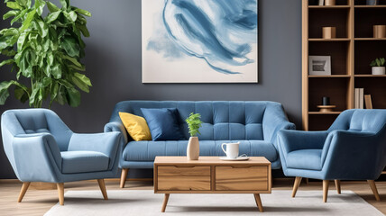 Blue chairs and loveseat sofa against grey wall with big frame poster, near bookcase. Mid-century, scandinavian home interior design of modern living room, Generative AI