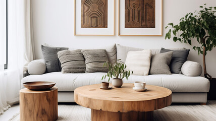 Round wood coffee table near white sofa with grey pillows. Boho, ethnic, tribal style home interior design of modern living room, Generative AI