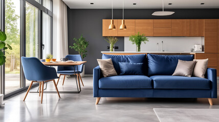 Navy blue sofa in studio apartment. Scandinavian home interior design of modern living room and kitchen, Generative AI