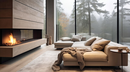 Spacious minimalist room with fireplace and floor to ceiling window with foggy forest view. Scandinavian home interior design of modern living room, Generative AI