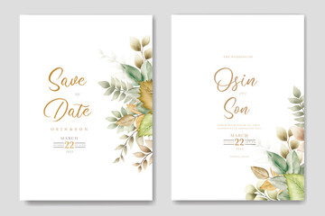  beautiful wedding card with green and golden leaves