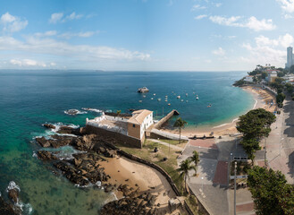 Fototapeta premium Drone aerial view of Porto da Barra beach in Savaldor Bahia Brazil.