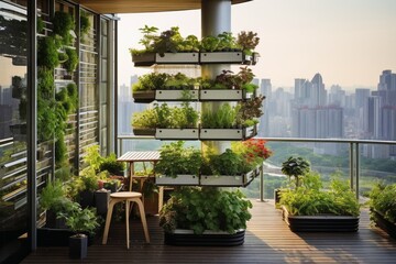 A futuristic balcony with urban gardening in a modern city.