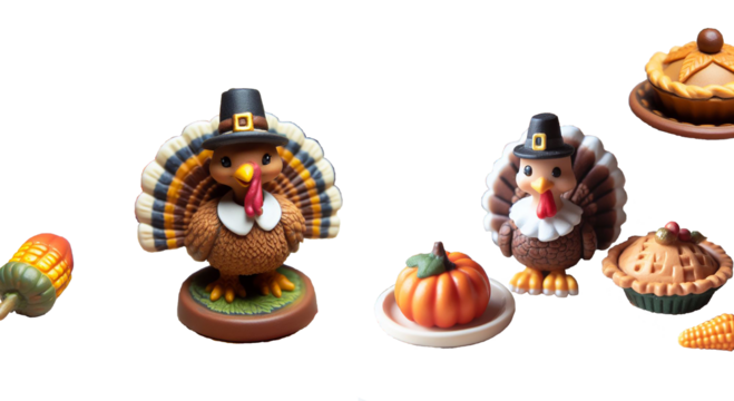 Figurine dinde de Thanksgiving  traditionnelle avec un chapeau de pèlerin sur la tête. Oiseau joyeux qui fait la roue avec les plumes de sa queue Tarte à la citrouille décoration automne objets isolés