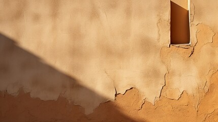 A close-up view of a stucco-textured exterior wall with rough, earthy texture, capturing the interplay of light and shadows on its surface.