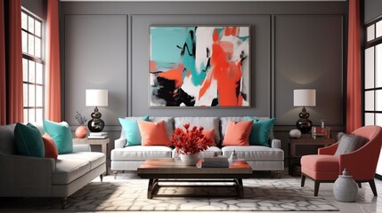 A contemporary living room with walls showcasing a smooth, dove-gray texture paired with accents of vibrant coral and teal, creating a fresh and inviting atmosphere.