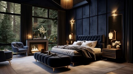 A cozy bedroom with walls textured in a luxurious deep navy-blue velvet finish, enhanced by golden...
