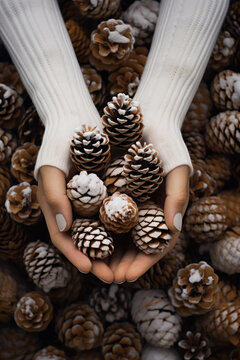 Girl in a white sweater holding a pine cones in hands