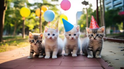 A group of kittens wearing party hats. Generative AI.