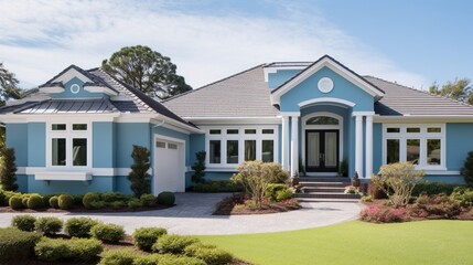 An exterior view of a home featuring a serene, light blue stucco finish that harmonizes with the surrounding landscape and a bright white trim for a fresh and coastal-inspired appearance. - obrazy, fototapety, plakaty