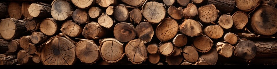 pile of wood logs in long background texture. texture element banner