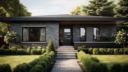 An exterior view of a house with walls finished in a striking two-tone brick pattern, combining deep charcoal-gray and creamy white bricks, creating a timeless and eye-catching facade.