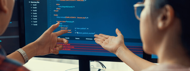 Female programer explain while pointing code displayed on computer. Professional programmer present...