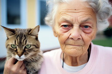 The Loving Connection: An Elderly Woman Embracing Her Feline Companion