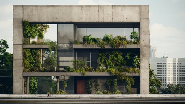 An image capturing the exterior of a modern urban apartment building with walls in a sleek concrete texture, juxtaposed against large glass windows and vibrant green foliage