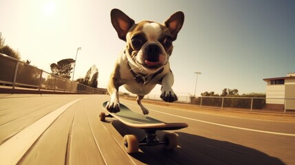 A French bulldog dog riding a skateboard down a street. Generative AI.