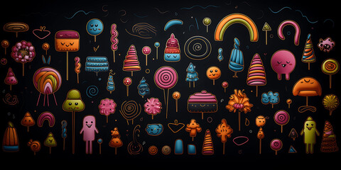 Dibujos infantiles de chucherías, caramelos y piruletas