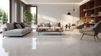 a contemporary living space featuring polished porcelain floor tiles, offering a sleek and low-maintenance flooring solution. - obrazy, fototapety, plakaty