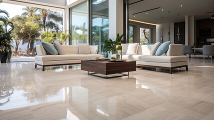 a modern interior featuring polished travertine floor tiles, offering a warm and inviting ambiance with their natural color variations.