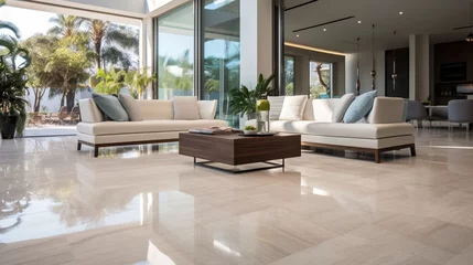 Foto op Plexiglas a modern interior featuring polished travertine floor tiles, offering a warm and inviting ambiance with their natural color variations. © ZUBI CREATIONS