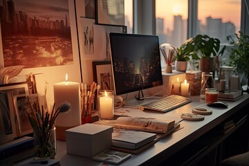 Well-organized home office desk with warm lighting, encouraging a productive and inviting workspace