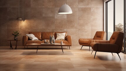 a modern interior featuring polished travertine floor tiles, offering a warm and inviting ambiance with their natural color variations.