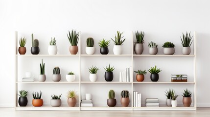 A minimalist bookcase featuring an assortment of potted plants of different sizes and shapes, neatly arranged on sleek shelves against a clean white background. - Powered by Adobe