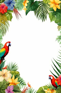 Tropical flowers and parrots frame border.