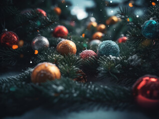 Obraz na płótnie Canvas Christmas tree with decorations and ornaments. Christmas background.