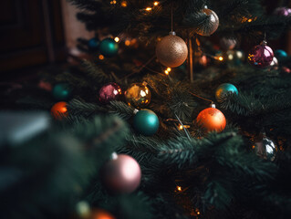 Obraz na płótnie Canvas Christmas tree with decorations and ornaments. Christmas background.