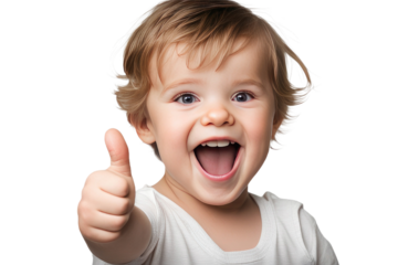 a high quality stock photograph of a toddler giving a thumbs up isolated on white background