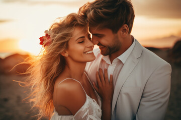 Sunset Bliss: Newlywed Couple Dancing with Joy and Laughter in the Glow of Love - obrazy, fototapety, plakaty