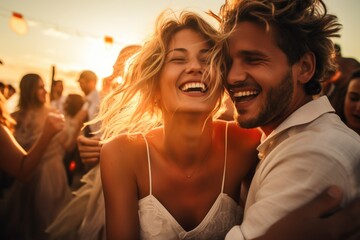 Sunset Bliss: Newlywed Couple Dancing with Joy and Laughter in the Glow of Love - obrazy, fototapety, plakaty