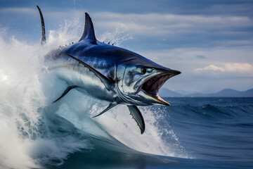 A majestic blue marlin leaping out of the water
