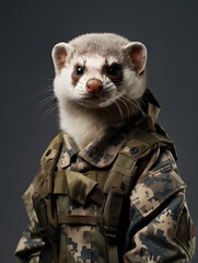 Fototapeta premium An Anthropomorphic Ferret Dressed Up as a Soldier in a Camo Uniform