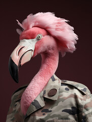 An Anthropomorphic Flamingo Dressed Up as a Soldier in a Camo Uniform
