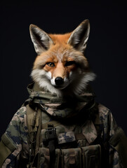 An Anthropomorphic Fox Dressed Up as a Soldier in a Camo Uniform