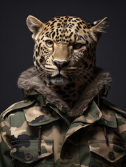 An Anthropomorphic Leopard Dressed Up as a Soldier in a Camo Uniform