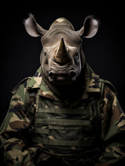 An Anthropomorphic Rhino Dressed Up as a Soldier in a Camo Uniform