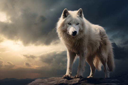 winter white wolf, white fur, nature background