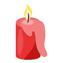 Red burning candle with melting wax, flat vector