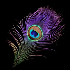 Beautiful peacock feather isolated on black background, AI Generative.